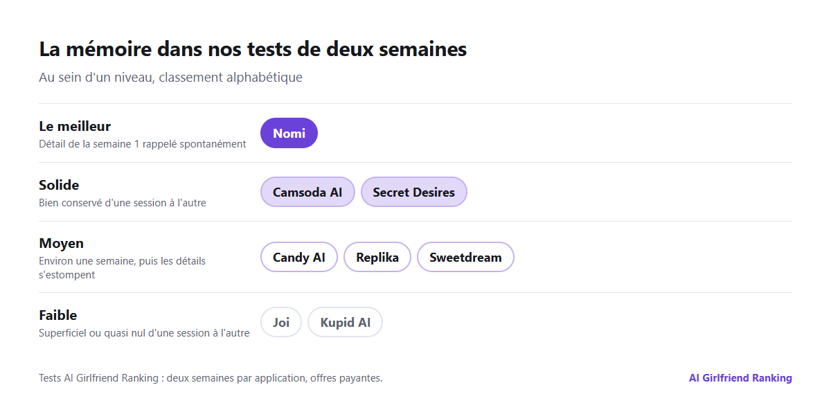 Résultats de mémoire de nos tests de deux semaines, regroupés en niveaux : détails de la première semaine rappelés spontanément, bien conservés d'une session à l'autre, conservés environ une semaine, et quasi nuls d'une session à l'autre