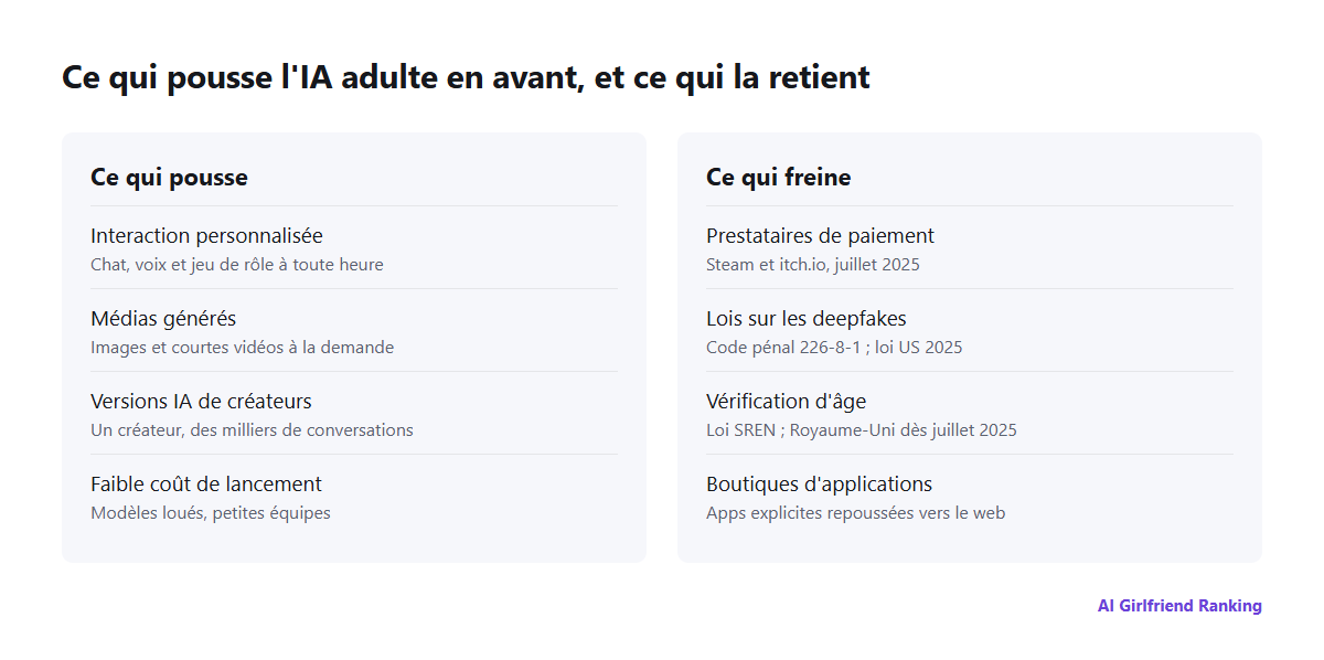 Forces qui façonnent l'IA dans l'industrie adulte : personnalisation, médias générés et clones IA qui poussent en avant ; prestataires de paiement, lois sur les deepfakes, contrôles d'âge et boutiques d'applications qui freinent