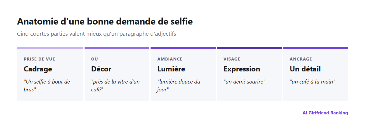 Anatomie d'une demande de selfie IA : cadrage, décor, lumière, expression et un détail, avec un exemple pour chacun