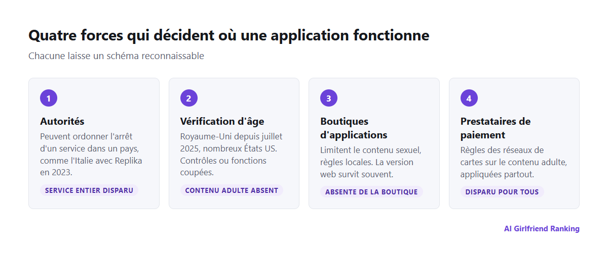 Quatre forces qui restreignent les applications de compagnon IA selon les pays : autorités, lois de vérification d'âge, boutiques d'applications et prestataires de paiement