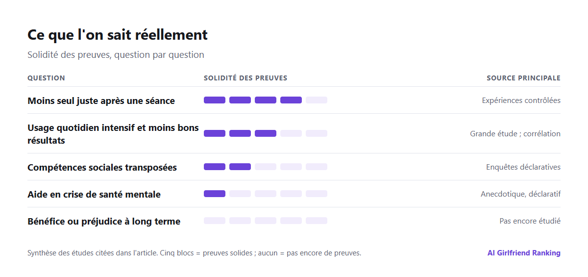Graphique résumant les preuves : preuves solides d'un soulagement de la solitude à court terme, preuves modérées qu'un usage intensif va de pair avec de moins bons résultats, preuves faibles d'un bénéfice ou d'un préjudice à long terme