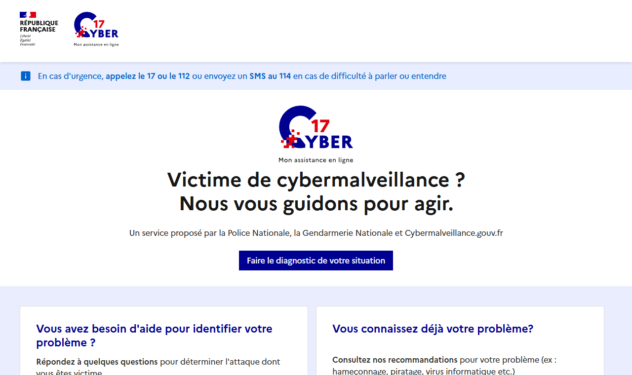 Le site 17Cyber, l'assistance en ligne pour les victimes d'infractions numériques en France