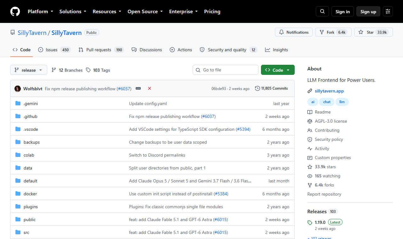 La page du projet SillyTavern sur GitHub