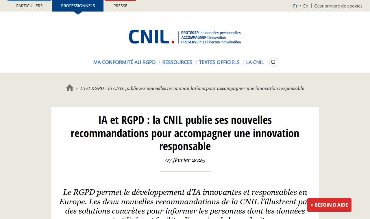 Page de la CNIL sur l'IA et le RGPD : ses recommandations pour accompagner une innovation responsable