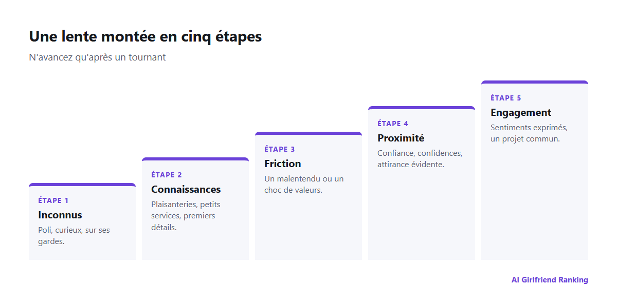 Un arc de relation en cinq étapes, d'inconnus à connaissances, friction, proximité et engagement, avec un tournant entre chacune
