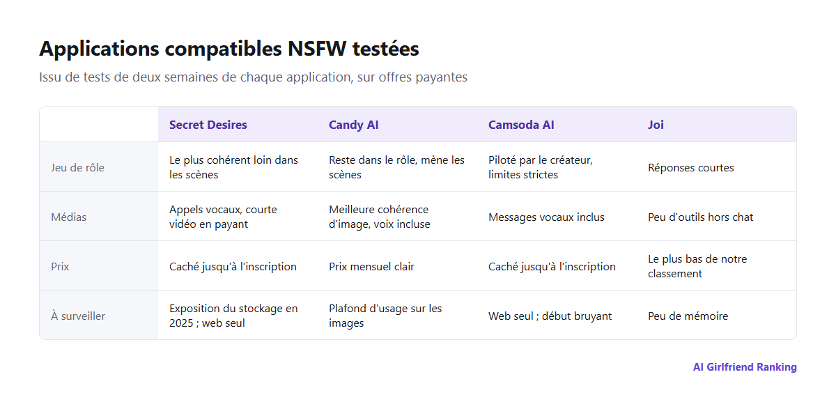 Comparaison des applications compatibles NSFW que nous avons testées : cohérence du jeu de rôle, images et voix, créateur et limites, prix et plateforme
