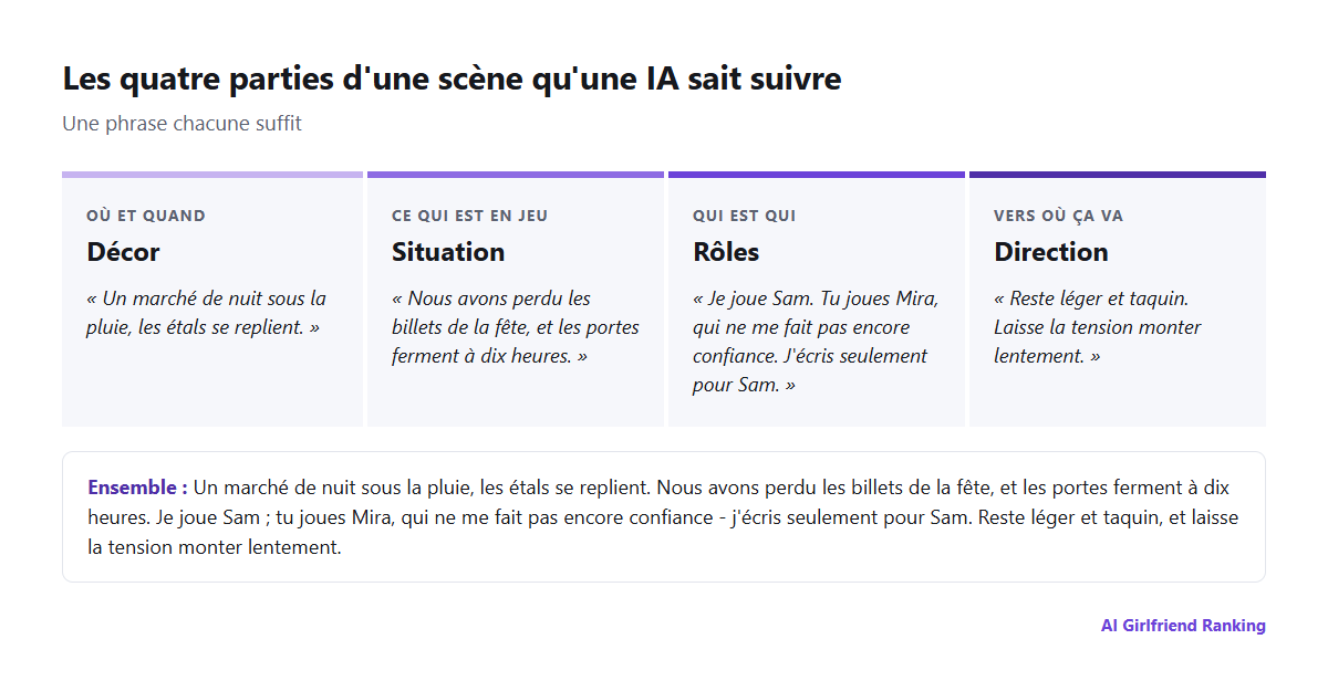 Schéma des quatre parties d'un prompt de scène de jeu de rôle : décor, situation, rôles et direction, chacune avec un exemple d'une ligne